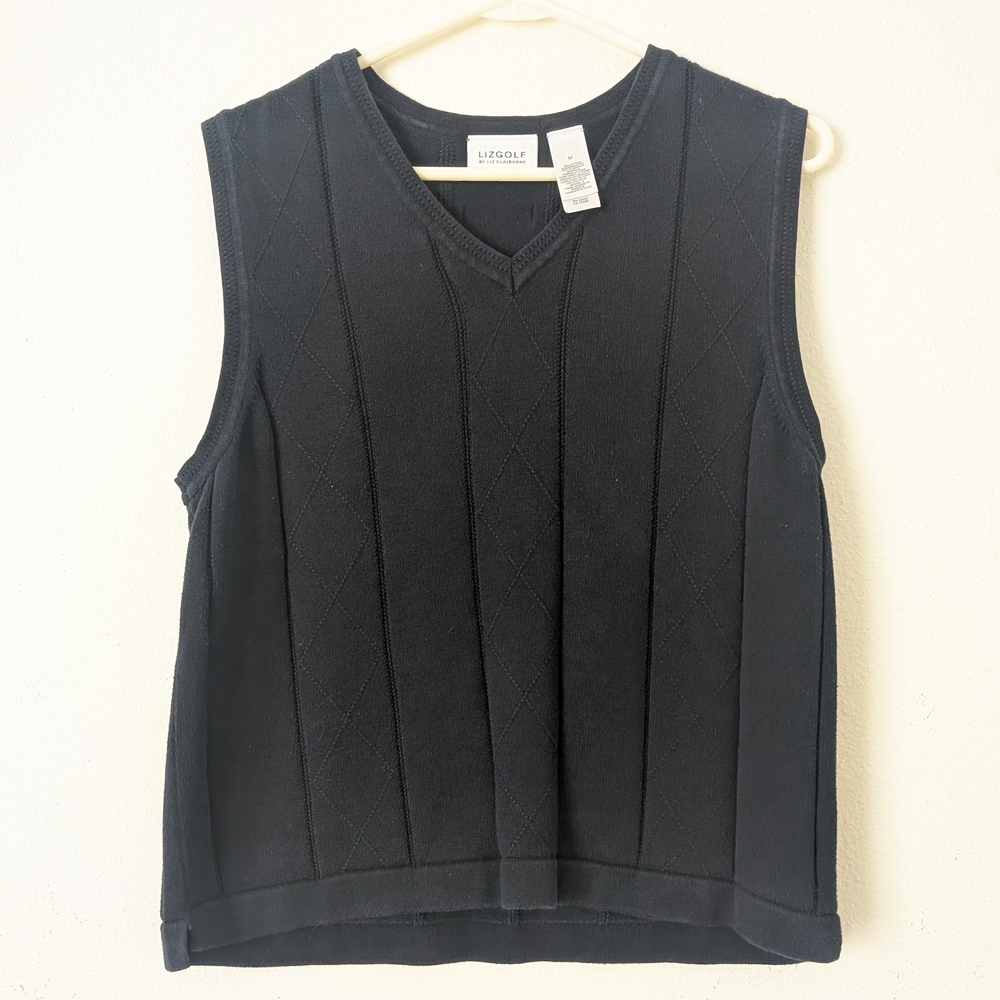 Liz Golf Navy Blue Sweater Vest with Woven Argyle Diamond Pattern
